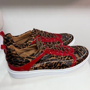 Custom made Italian leather shoes Red and Leopard Print Sneakers